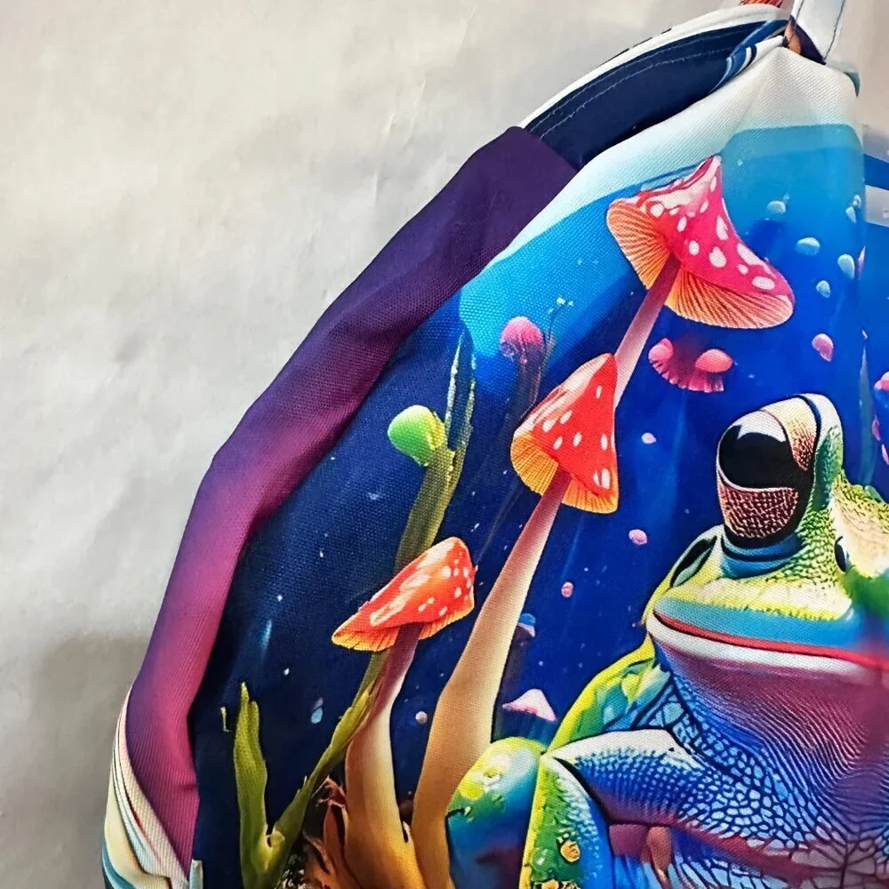 Psychedelic Mushroom Frog Gigantic Round Tote Huge Canvas Circle Bag 3D Festival
